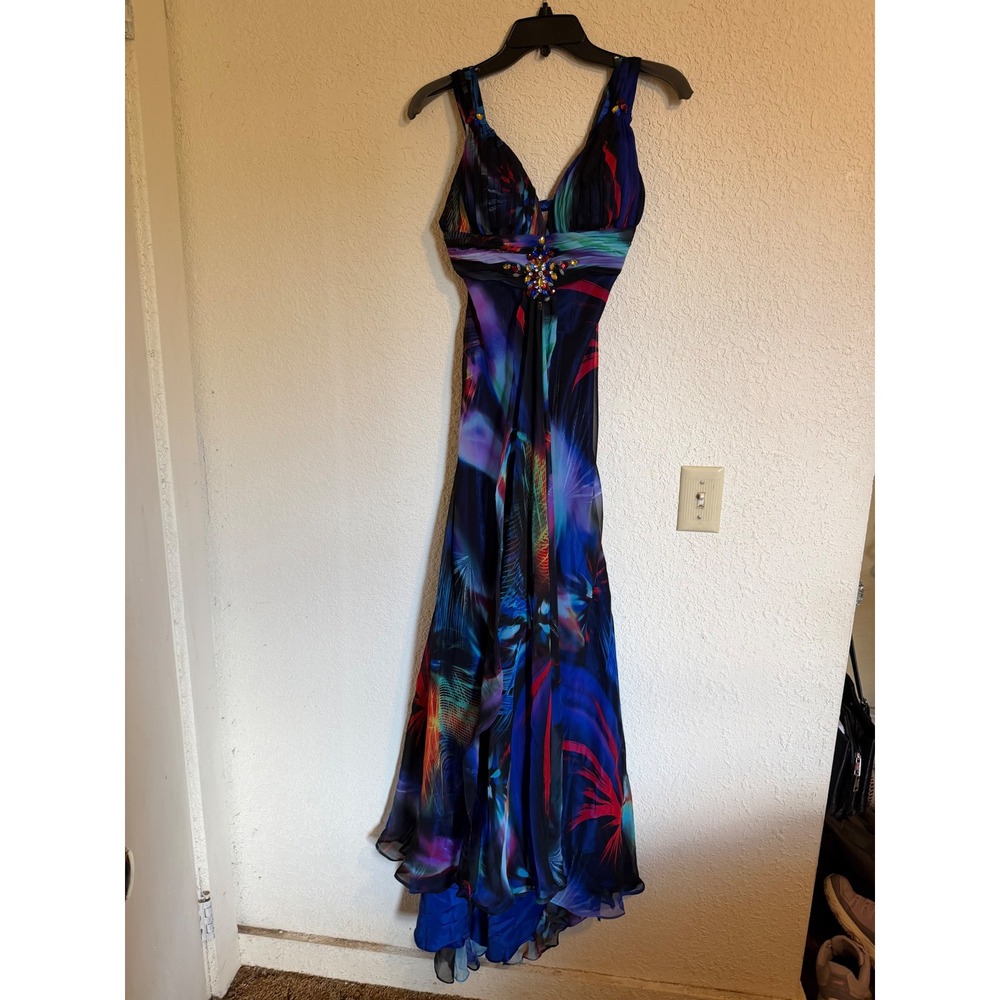 Tiffany Designs Abstract Feather Print Rhinestone Formal Gown Dress Size 2 Y2K